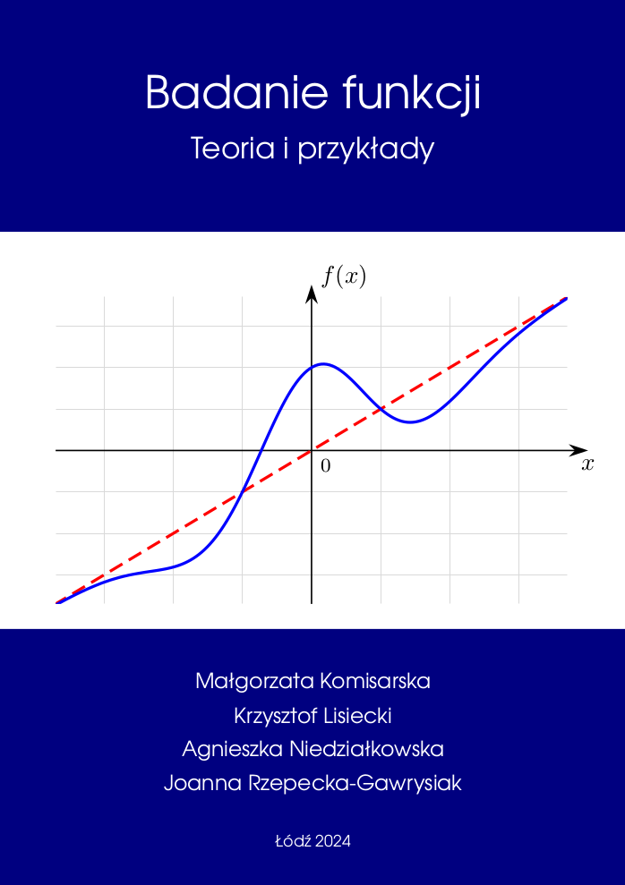 Okładka książki  "Badanie funkcji. Teoria i przykłady". Na okładce znajduje się wykres funkcji w układzie współrzędnych. 