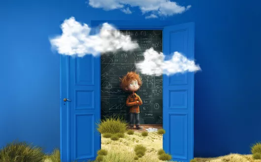 Otwarte drzwi na tle niebieskiej ściany. Przed drzwiami trawa, wokół białe obłoczki.  drzwiach widoczna jest postać na tle zapisanej tablicy. 