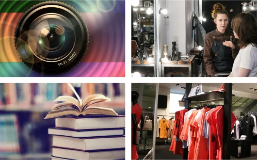 Kompozycja czterech zdjęć przedstawiających: obiektyw aparatu, rozmowę fryzjerki z klientką w salonie, stos książek z otwartą książką oraz wnętrze sklepu odzieżowego.