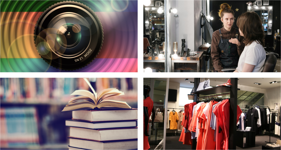 Kompozycja czterech zdjęć przedstawiających: obiektyw aparatu, rozmowę fryzjerki z klientką w salonie, stos książek z otwartą książką oraz wnętrze sklepu odzieżowego.