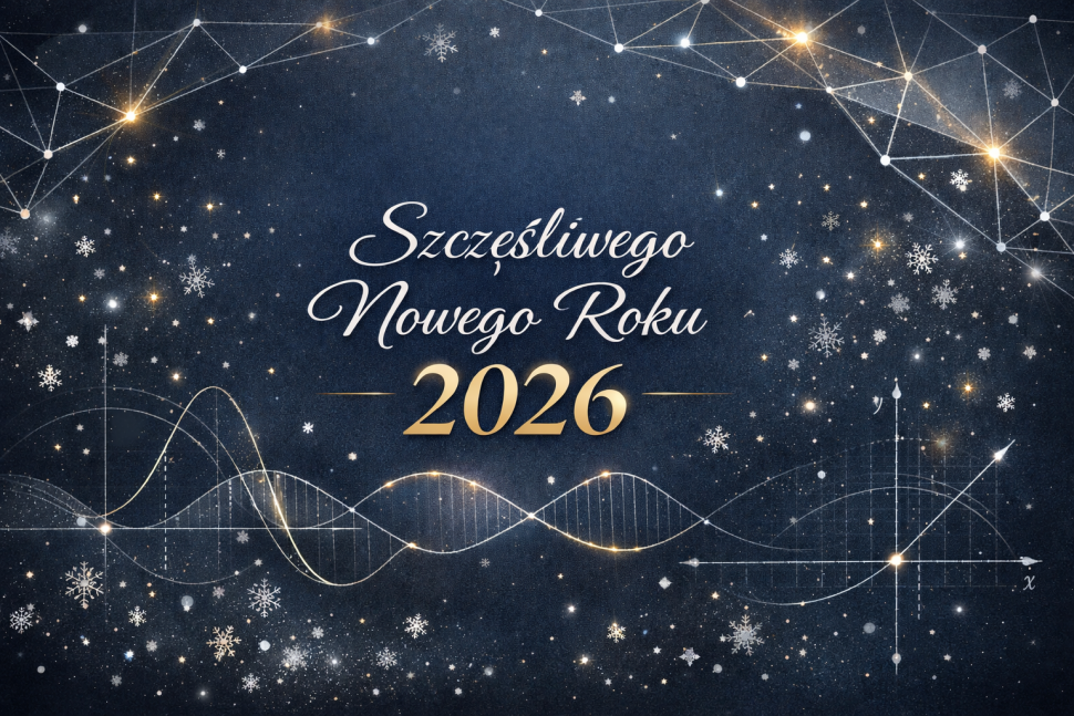 Kartka noworoczna z napisem „Szczęśliwego Nowego Roku 2026” na granatowym tle, ozdobiona gwiazdami, śnieżynkami oraz subtelnymi motywami matematycznymi i geometrycznymi w złotych liniach.