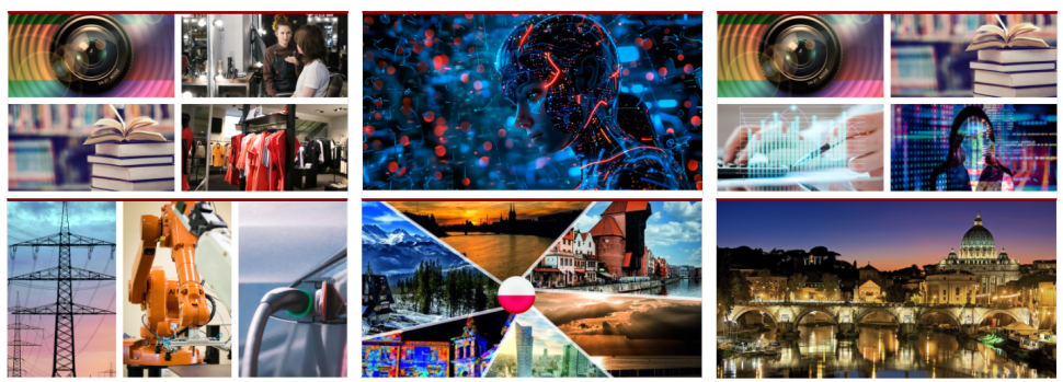 Kolaż ilustracji przedstawiających różne obszary rozwoju: edukację, usługi, sztuczną inteligencję, technologię, energetykę, robotykę, elektromobilność oraz krajobrazy miast i regionów Europy.