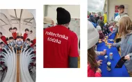 Trzy zdjęcia. Odbicia osoby w lustrach. Osoba tyłem w koszulce z napisem Politechnika Łódzka. Osoby stojące wokół stołu, na którym stoją różne puszki.