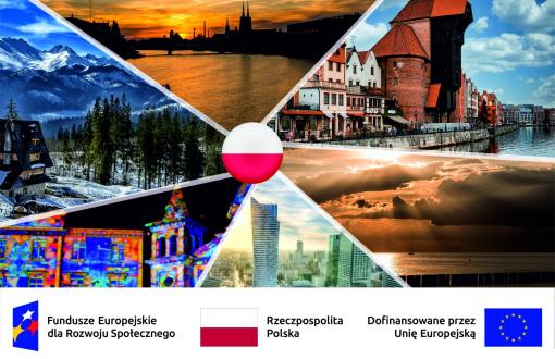 Grafika przedstawia widoki z różnych regionów Polski: Tatry, Wrocław, Gdańsk, Morze Bałtyckie, Warszawa, Łódź. Na środku flaga Polski.