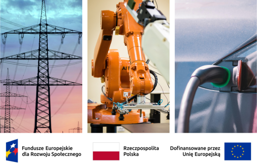 Grafika przedstawia trzy zdjęcia. Po lewej stronie słupy wysokiego napięcia stojące w rzędzie. Po środku ramię robota podczas montażu podzespołów w fabryce. Po prawej stornie elektryczny samochód podczas ładowania. Na dole logotypy: Funduszu Europejskiego dla Rozwoju Społecznego, flagę Rzeczpospolitej Polski oraz flagę Unii Europejskiej. 